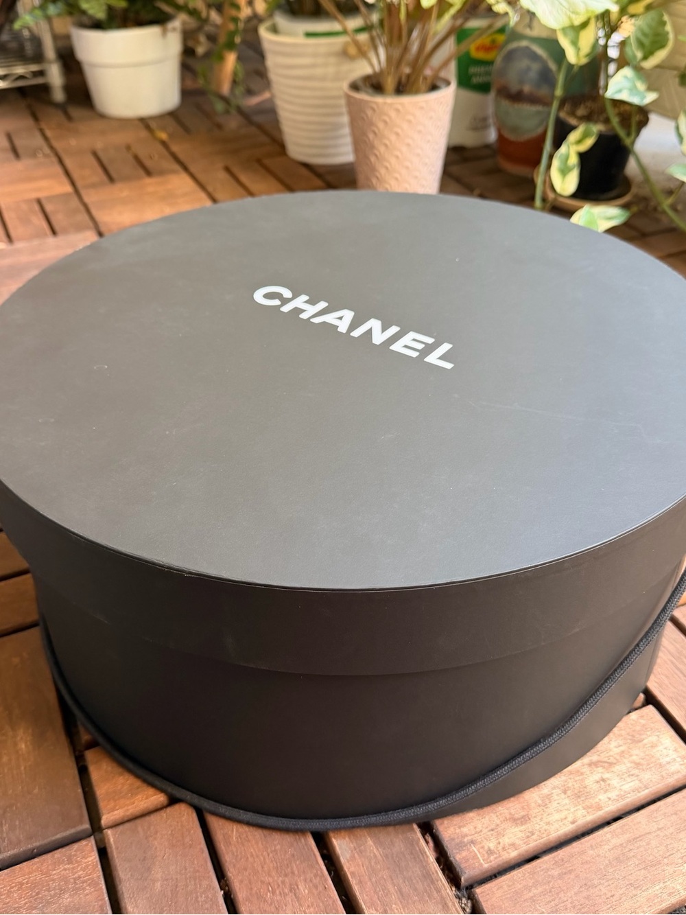 CHANEL Black Round Hat Box with Logo LARGE